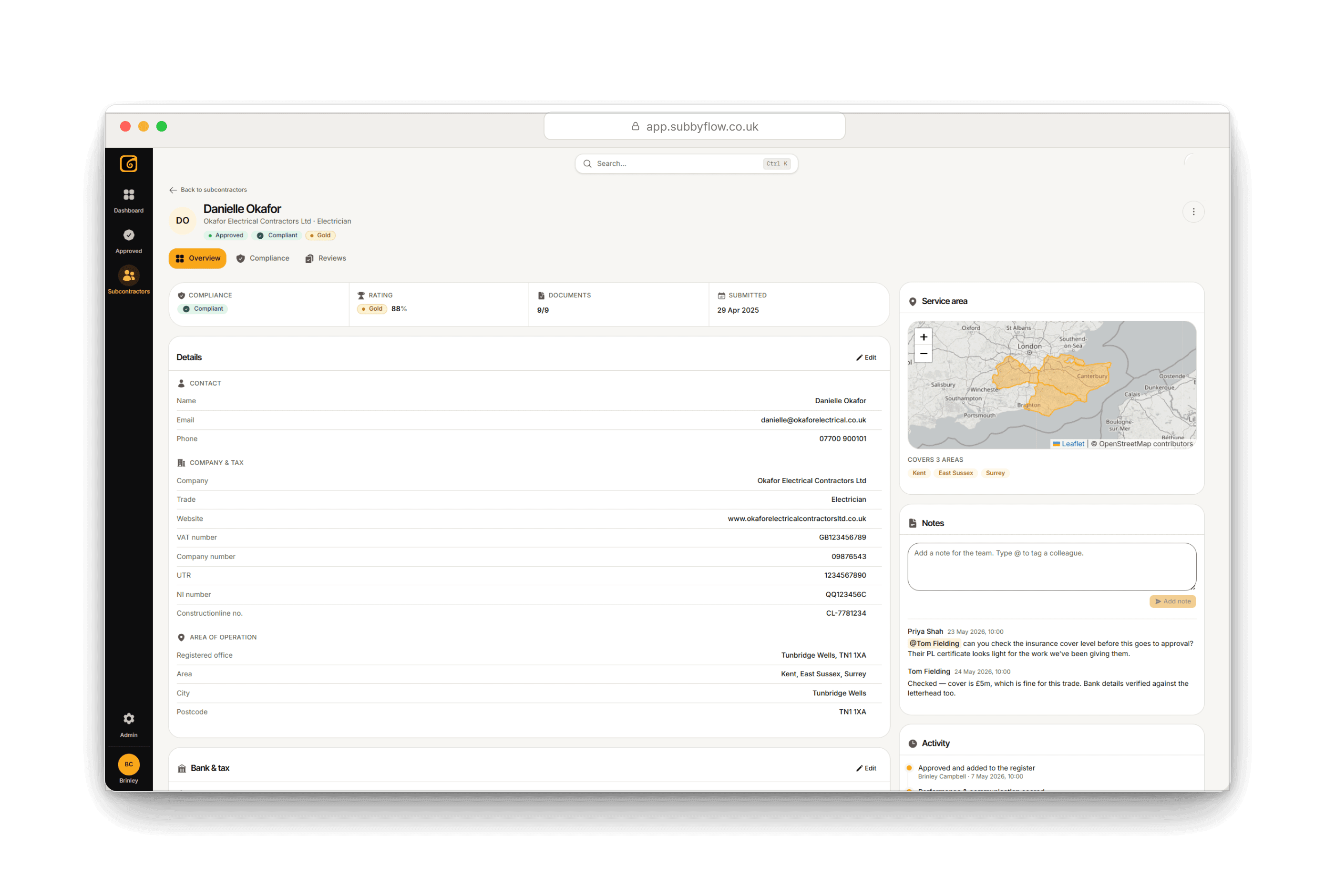A subcontractor record showing compliance status, a Gold rating at 88 per cent, 9 of 9 documents, company and tax details, the service area map and the team's internal notes.
